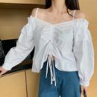 Long-sleeve Off Shoulder Drawstring Top White - One Size