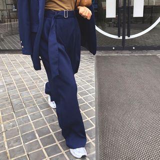 Pintuck-trim Wide-leg Dress Pants With Belt