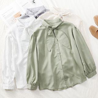 Ribbon-neckline Loose-fit Dotted Shirt