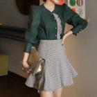 Set: Long-sleeve Ruffled Blouse + Plaid Mini A-line Skirt