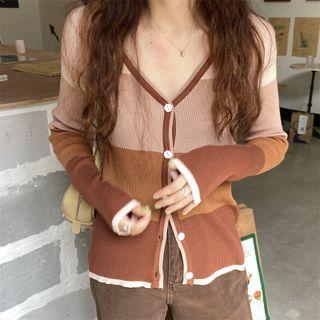 V-neck Color-block Slim-fit Cardigan