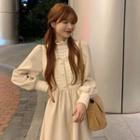 Stand-collar Houndstooth Long-sleeve Dress