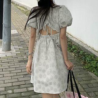 Keyhole Puff Sleeve Floral Pattern Dress