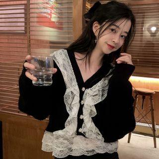 Long-sleeve Lace Trim Button-up Cardigan Black - One Size