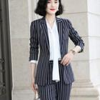 Set: Striped Blazer + Dress Pants + Tie-neck Blouse