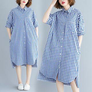 Elbow-sleeve Plaid Shirtdress Blue - One Size