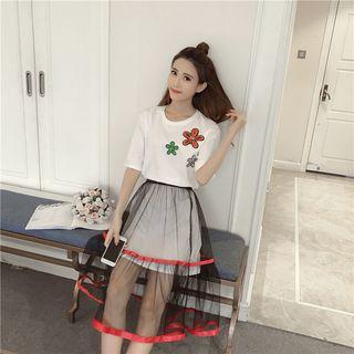 Set: Short-sleeve T-shirt + Mesh Midi Skirt