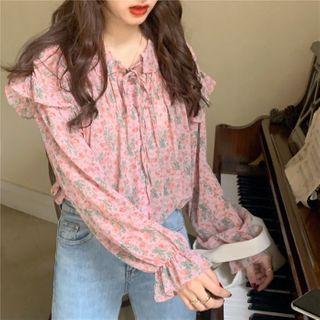 Floral Print Ruffled Blouse Green & Dark Pink Floral - Pink - One Size