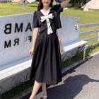 Set: Elbow-sleeve Ribbon Top + Midi A-line Skirt
