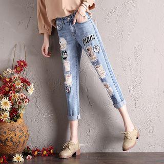 Ripped Patched Straight-fit Jeans