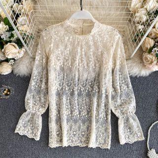 Round-neck Long-sleeve Embroidered Lace Cutout Top