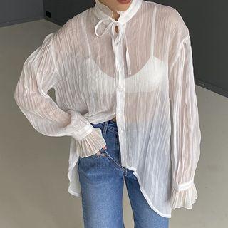 Asymmetrical Bell-sleeve See-through Blouse