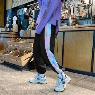 Tie-dyed Panel Plain Drawstring Straight Cut Pants