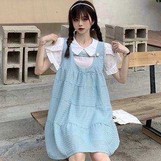 Set: Short-sleeve Frill Trim Blouse / A-line Overall Dress
