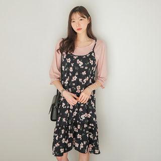 Set: Elbow-sleeve Top + Spaghetti-strap Floral Dress
