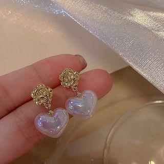 Flower Heart Resin Alloy Dangle Earring D246-1 - 1 Pair - Gold - One Size