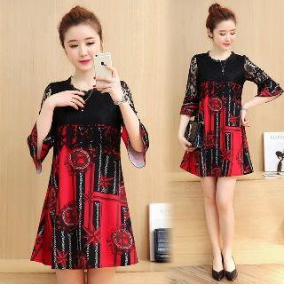 3/4-sleeve Lace Panel Print Dress