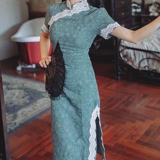 Short-sleeve Lace Trim Qipao Dress