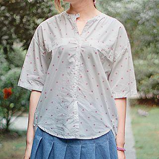 Polka Dot Band Collar Elbow-sleeve Shirt