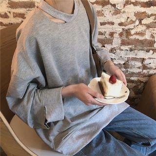 Plain Cutout Long-sleeve Loose-fit Pullover