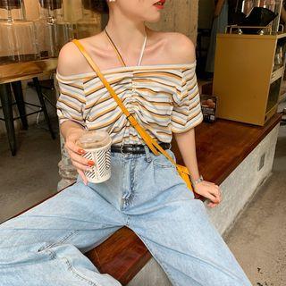 Striped Halter Off-shoulder Knit Top