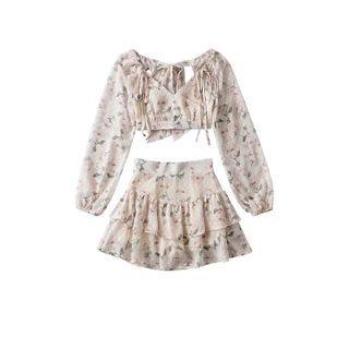 Set: Floral Cropped Blouse + Mini Tiered Skirt