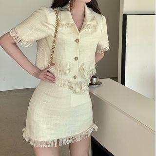 Short-sleeve Fringed Button-up Crop Top / Mini Skirt
