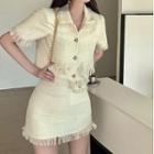 Short-sleeve Fringed Button-up Crop Top / Mini Skirt
