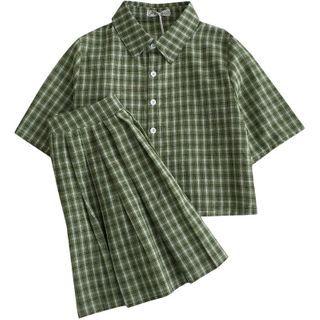 Short-sleeve Plaid Shirt + High-waist Plaid Pleated Skirt