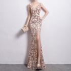 Sequined Side Slit Sleeveless Evening Gown
