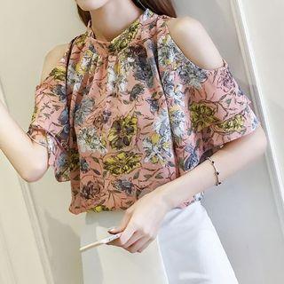Floral Print Cold Shoulder Short-sleeve Blouse
