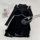 Spaghetti-strap Velvet Mini A-line Dress / Mock-neck Embellished Top
