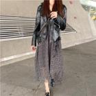 Faux Leather Biker Jacket / 3/4-sleeve Midi A-line Dress