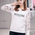 Bird Print Lace-sleeve Lettering Pullover