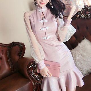 Puff-sleeve Mesh Panel Mandarin Collar Dress