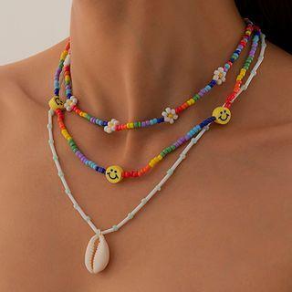 Set Of 3: Beaded Necklace Set Of 3 Pcs - White & Red & Blue - One Size
