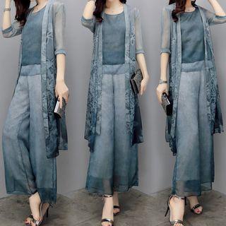 Set: Sleeveless Top + Print Long Chiffon Jacket + Wide Leg Pants