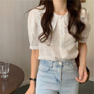 Puff-sleeve Collared Eyelet Blouse