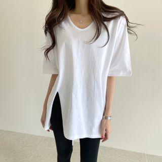 Plain Short Sleeve Slit Oversized Top