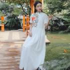 Mandarin Collar Embroidered Short-sleeve Midi A-line Dress