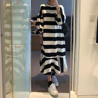 Striped Lantern-sleeve Midi A-line Pullover Dress Stripe - One Size