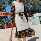 Floral Print Mock Two-piece Knit Dress With Sash