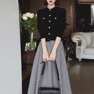 Set: Faux Pearl Button Knit Top + Midi A-line Skirt