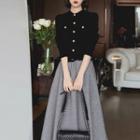 Set: Faux Pearl Button Knit Top + Midi A-line Skirt