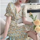 Puff-sleeve Floral Print Slit Midi Sheath Dress