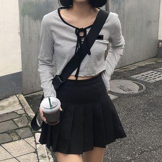 Long-sleeve Striped Tie-front Crop Top / Pleated Mini A-line Skirt