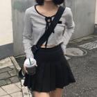 Long-sleeve Striped Tie-front Crop Top / Pleated Mini A-line Skirt