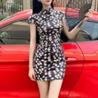 Cap-sleeve Floral Print Mini Bodycon Qipao Dress