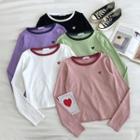 Embroidered Color-block Crewneck Long-sleeve Top