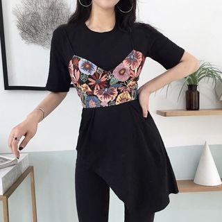 Set: Short-sleeve Asymmetric T-shirt + Cropped Camisole Top